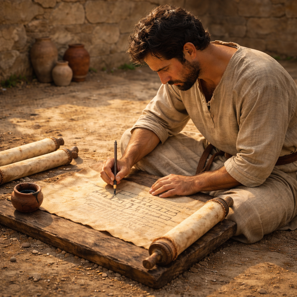 An ancient scribe writes his thoughts on a parchment scroll