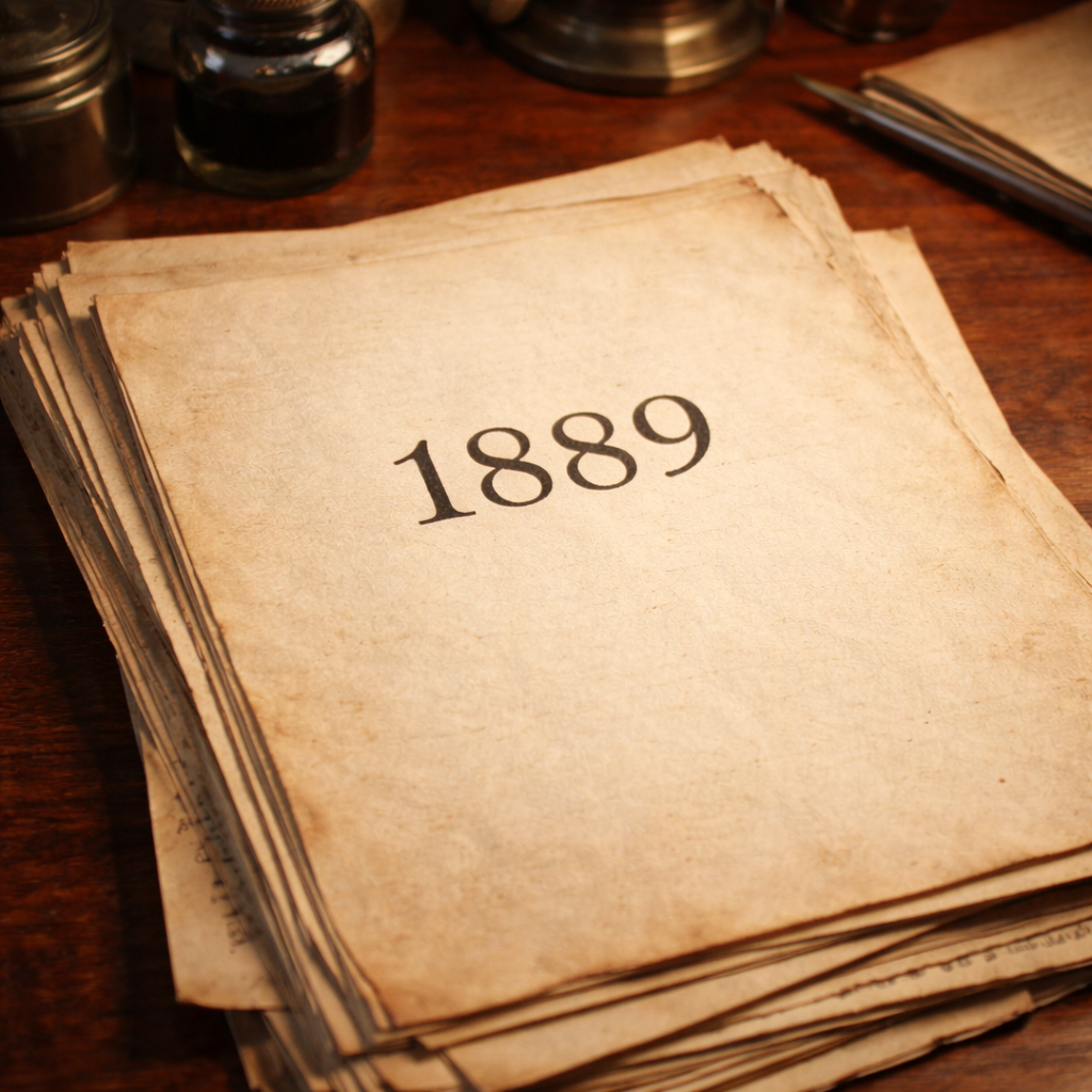 A stack of old, weathered papers with the year '1889' written on the top sheet, placed on a wooden table with jars and a notebook nearby. This represents the 1889 Adventist statement of fundamental beliefs.