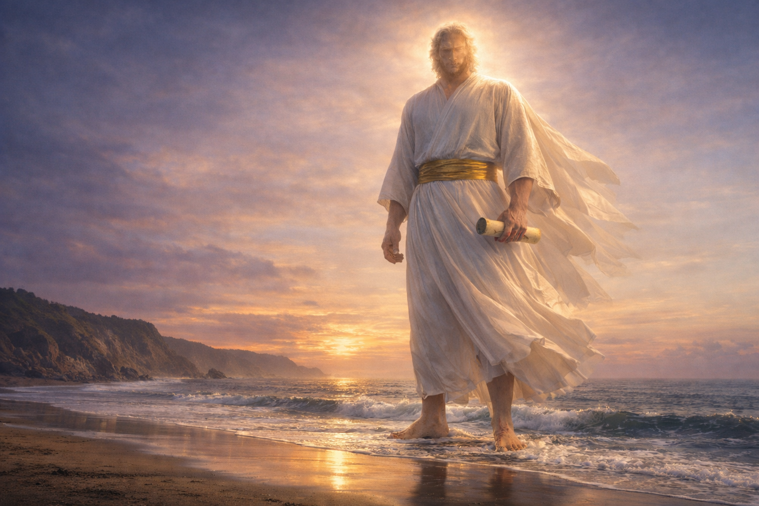 A mighty angel holding a small scroll stands on the sea shore
