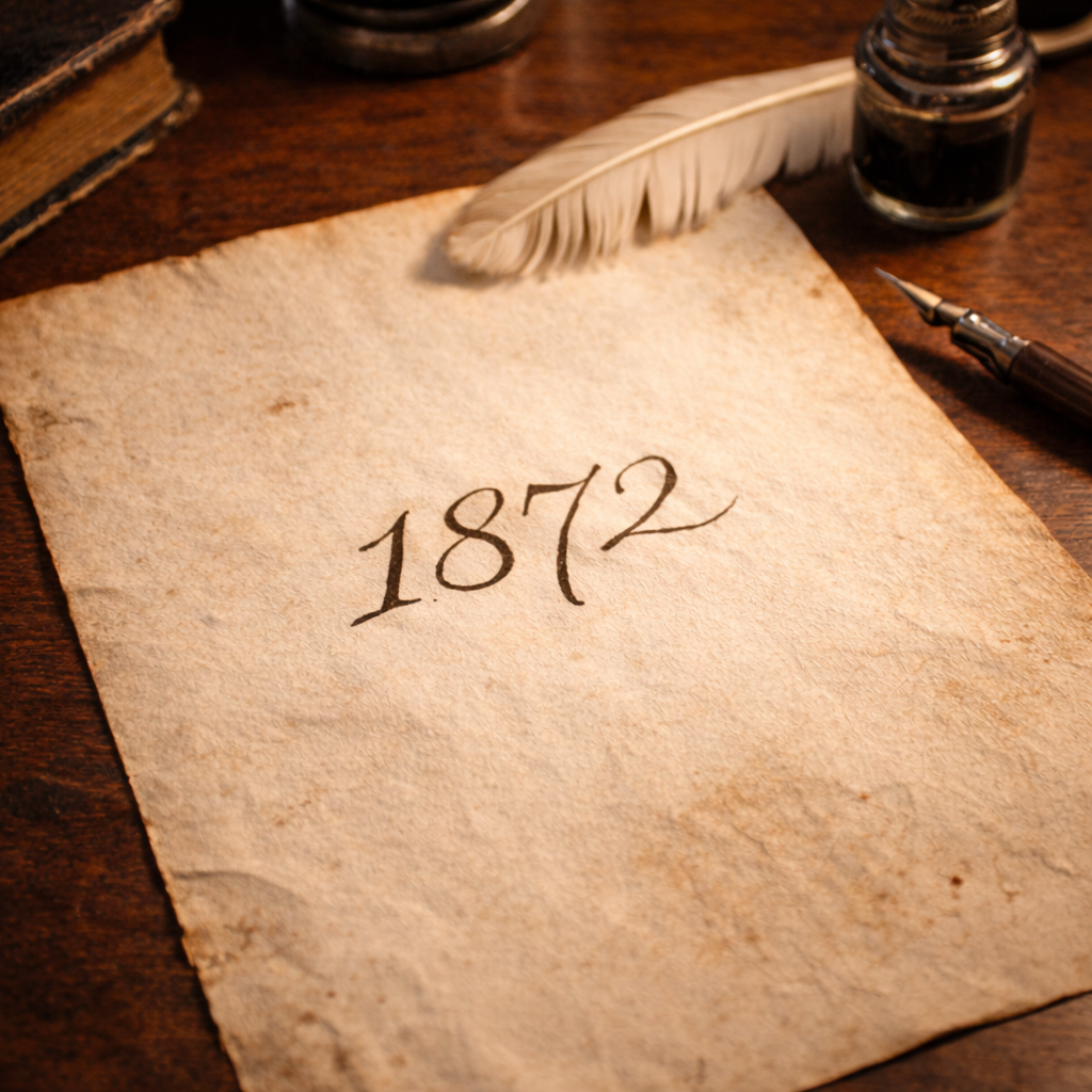 An aged piece of paper with the year 1872 handwritten in elegant calligraphy, accompanied by a feather quill, ink bottle, and fountain pen on a wooden desk.