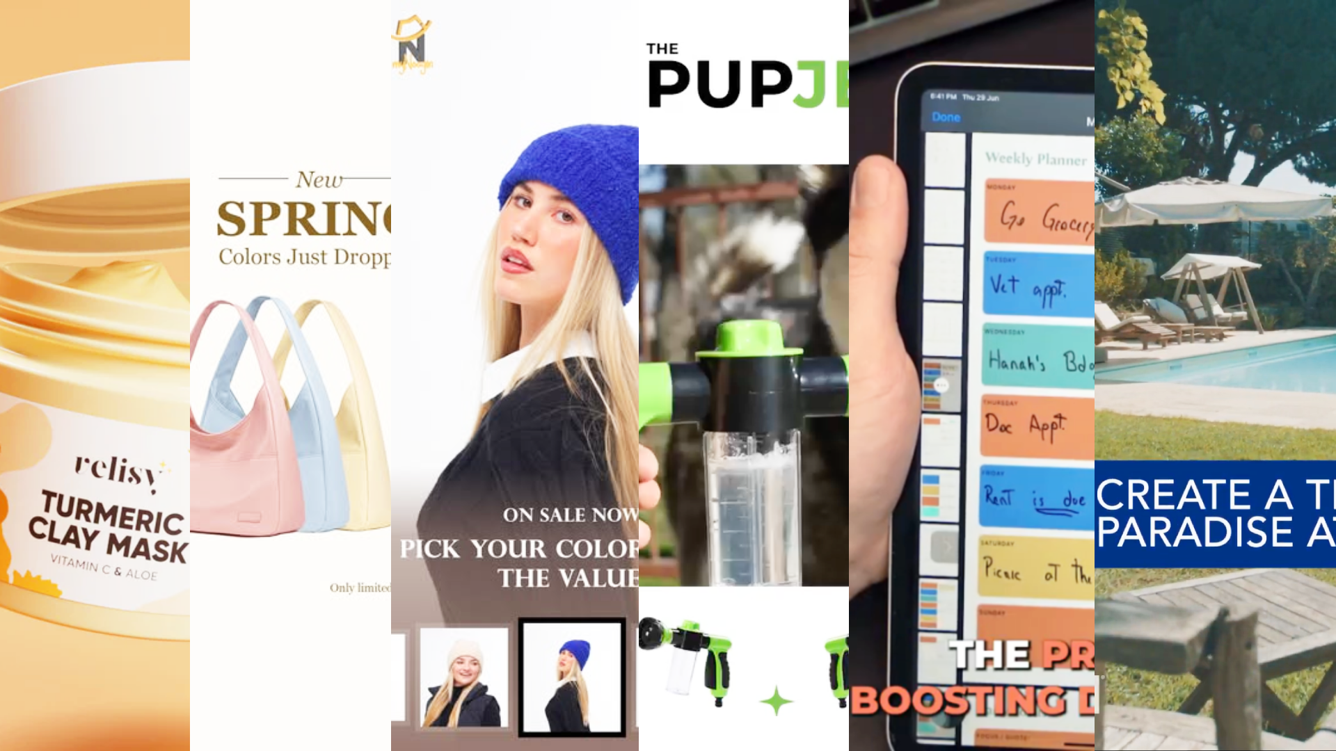 A collage of various images including a jar of turmeric clay mask, pastel-colored handbags, a woman wearing a blue beanie, a person using a water filter, a smartphone with a weekly planner, and an outdoor pool area with lounge chairs and umbrellas.