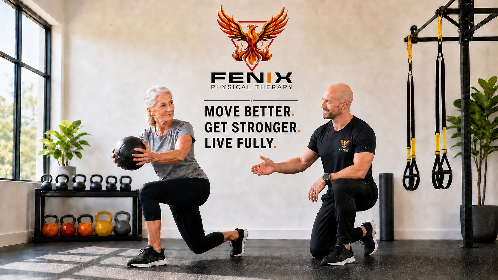 An elderly woman and a male trainer in a gym, with the woman doing a squat while holding a medicine ball, and the trainer guiding her. The gym has kettlebells, suspension trainers, and plants, with a logo and motivational message on the wall.