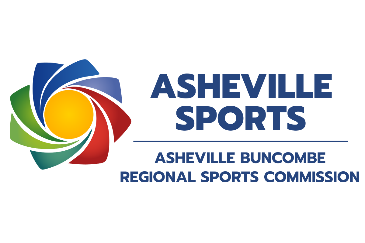 Logo of the Asheville Buncombe Regional Sports Commission featuring a colorful spiral design with green, blue, red, and yellow segments surrounding a central yellow circle. The organization’s name is displayed below the design in bold blue letters.