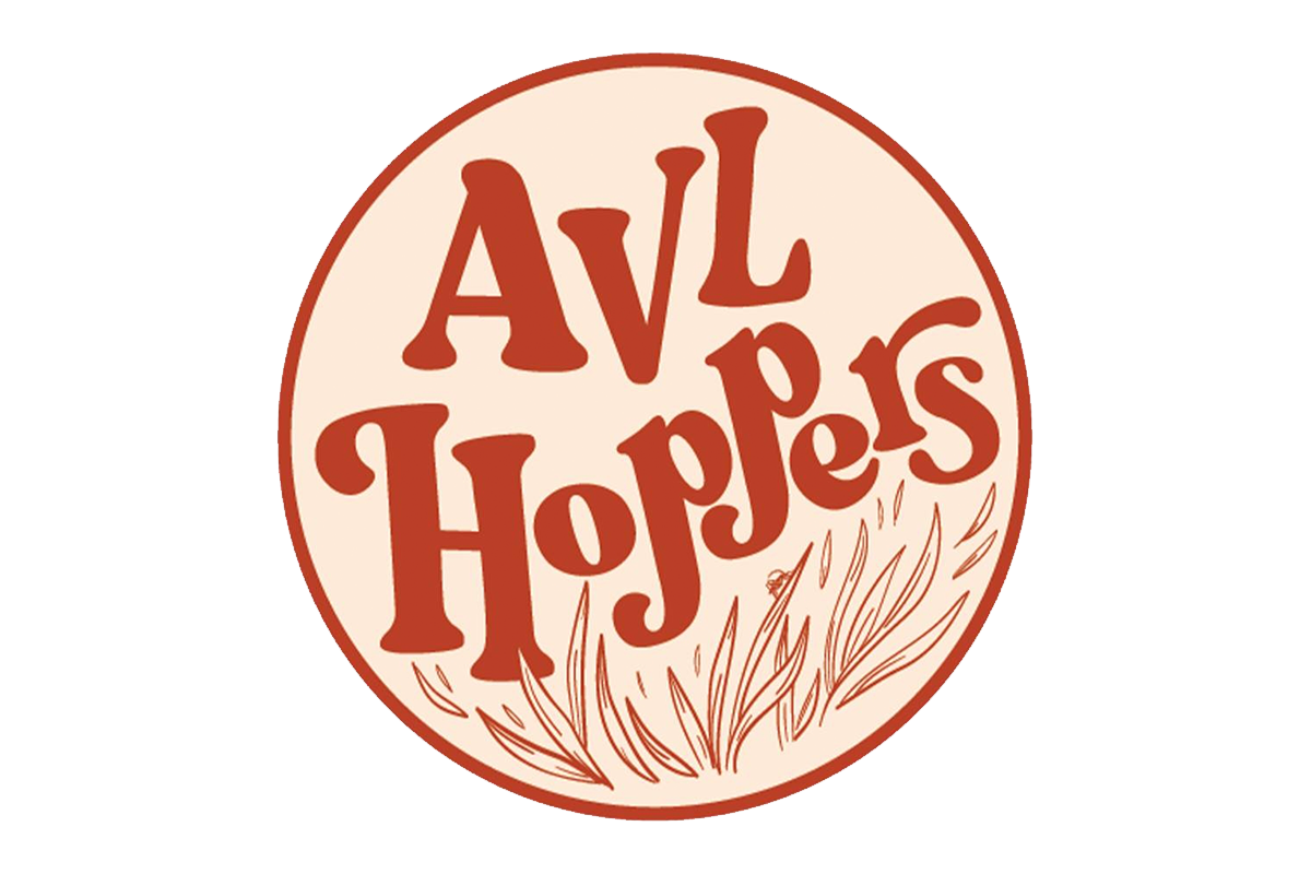 The image features the logo of AVL Hoppers. It consists of stylized red text with the words "AVL Hoppers" above an illustration of branches or foliage, all within an oval shape.