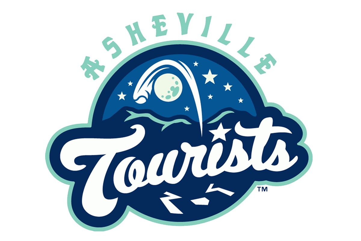 The image depicts the Asheville Tourists logo, featuring the words "Asheville Tourists" in stylized font. Above the text, a baseball flies over mountain peaks against a starry night sky.