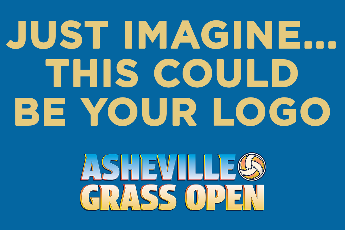 The image contains text that reads "Just Imagine... This Could Be Your Logo" in large, bold letters. Below, there's a logo for the "Asheville Grass Open" featuring a volleyball design. The background is blue.