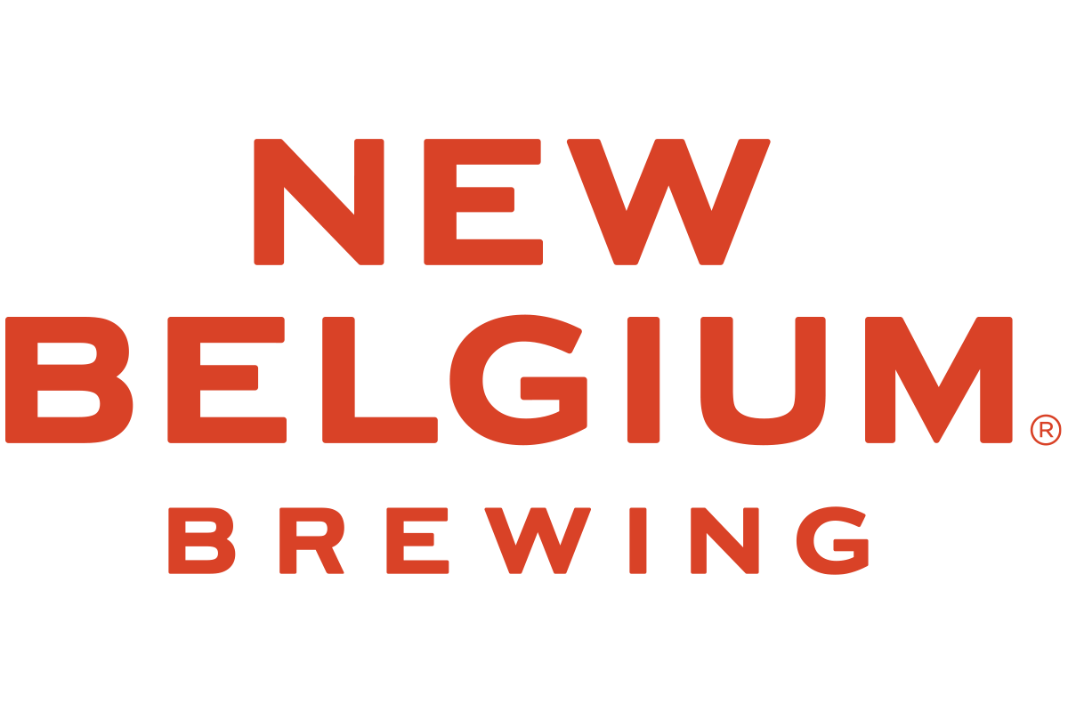 The image shows the New Belgium Brewing logo with the words "NEW BELGIUM BREWING" in bold, orange letters on a white background.
