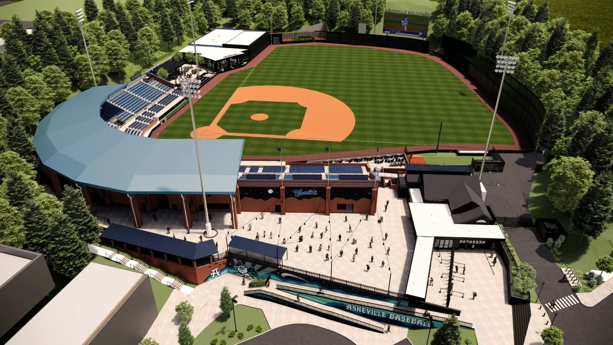 IMAGE DISPLAYS FUTURE RENDERINGS FOR THE RENOVATED MCCORMICK FIELD STADIUM IN ASHEVILLE, NC