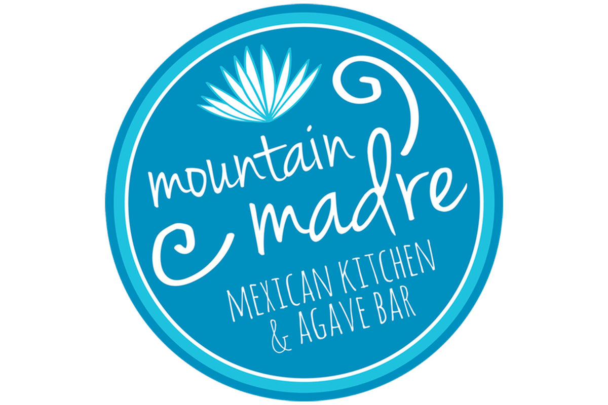 The image shows the logo for "Mountain Madre Mexican Kitchen & Agave Bar," featuring white cursive text on a turquoise oval background with a stylized agave plant design at the top.