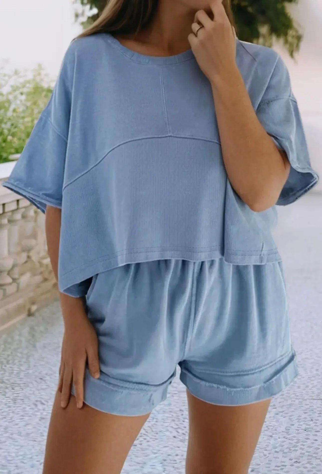 Solid Contrast Textured Patchwork Raw Edge 2 Piece Set