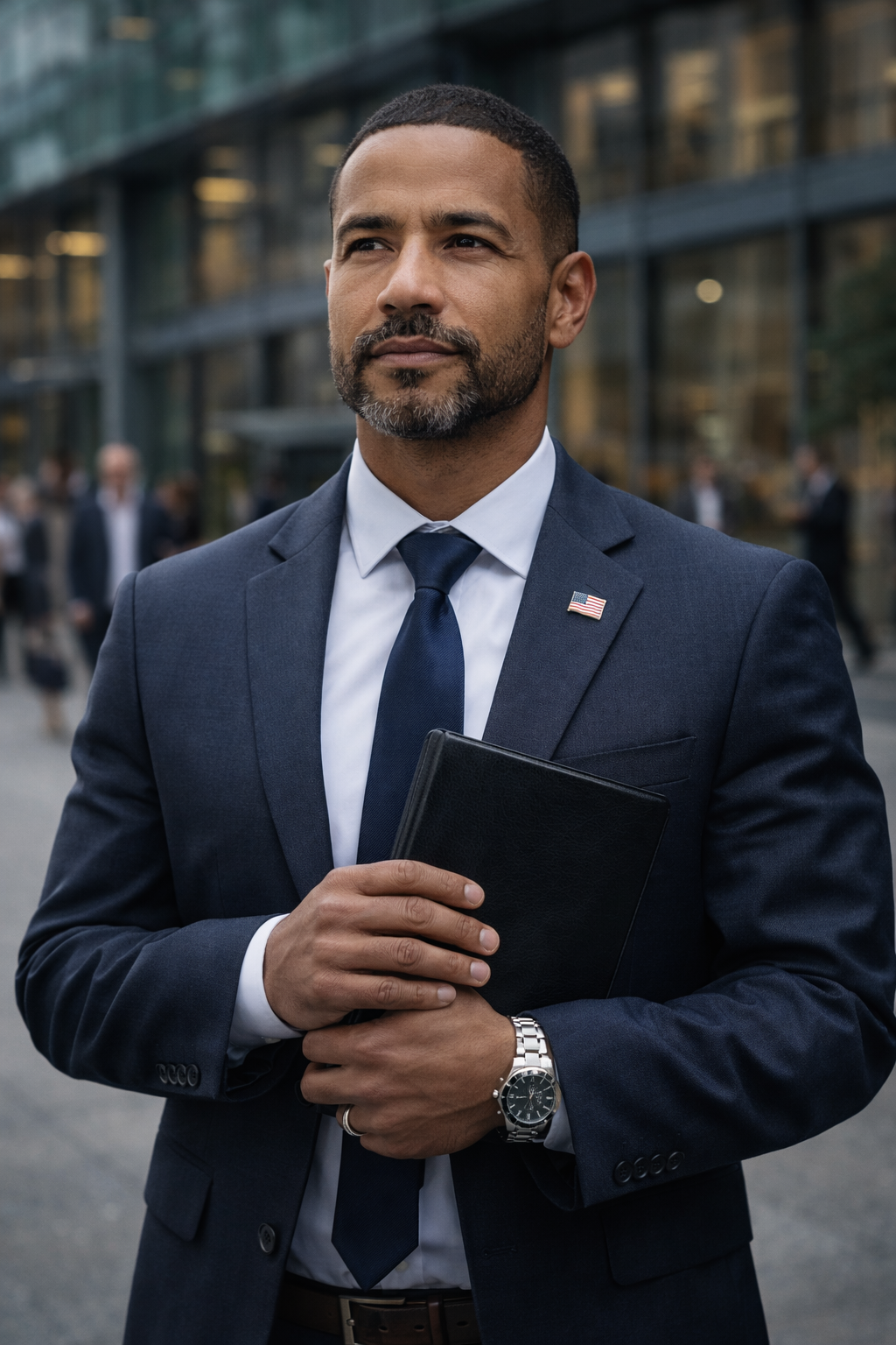 A professional man in a navy suit holding a black folder and wearing a watch and an American flag lapel pin, standing outside in a business district with a modern glass building and other people in the background.