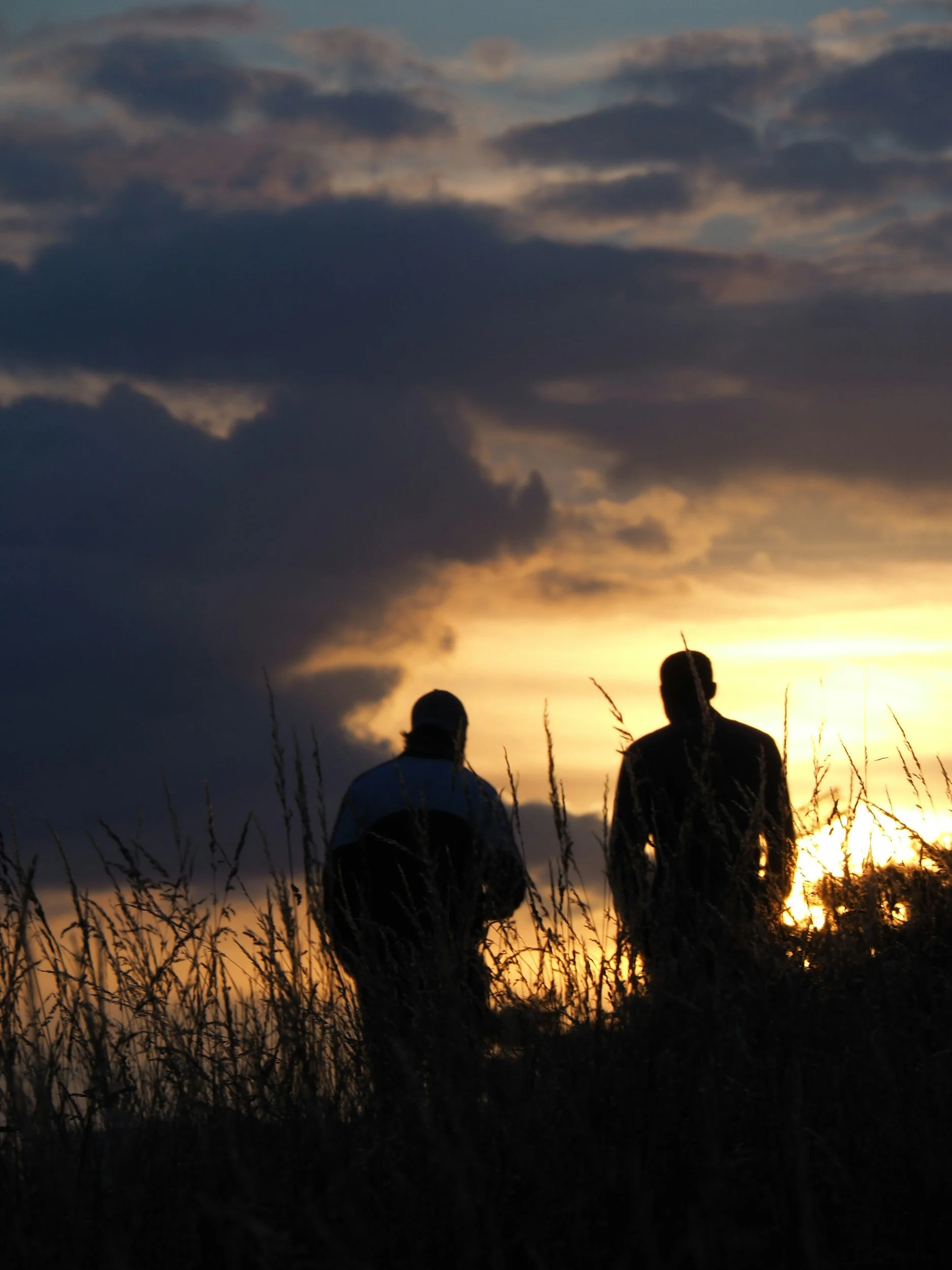 Silhouettes of two men standing in a field of tall grass at sunset with dark clouds in the sky.