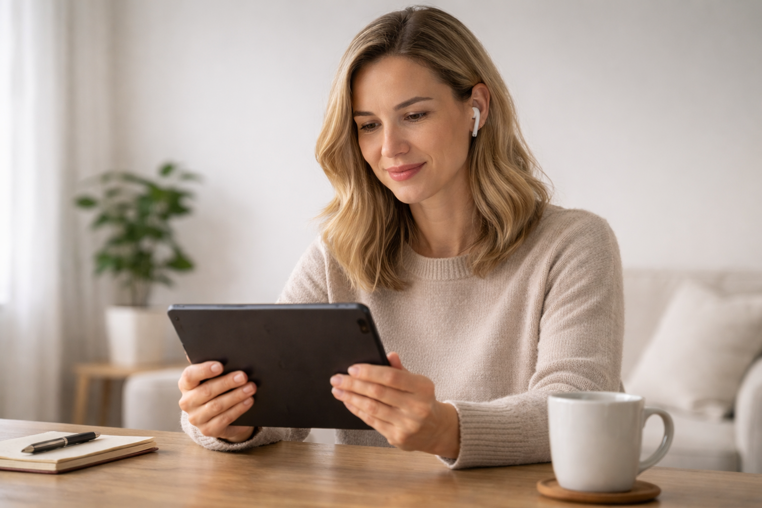 A woman sitting at a wooden table, holding a tablet, with a mug, notebook, and pen beside her, in a well-lit room with a plant in the background.
