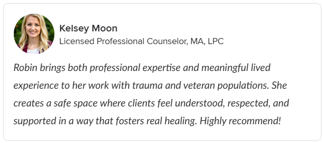 Profile picture of Kelsey Moon, a licensed professional counselor, alongside her professional description and the quote about her work with trauma and veteran populations.