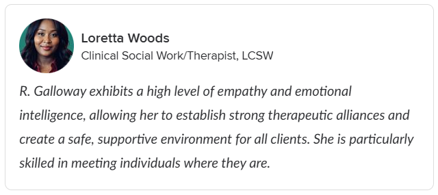 Professional profile of Loretta Woods, a Clinical Social Worker and Therapist, LCSW, with a brief description of her empathetic and emotionally intelligent approach to therapy.