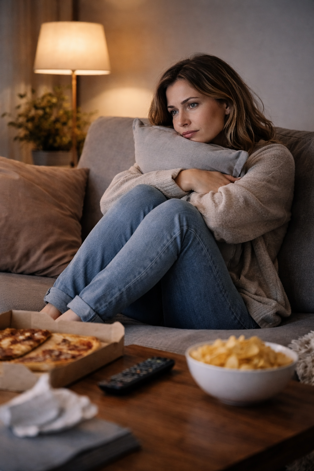 A woman sitting on a sofa, looking thoughtful or sad, hugging a pillow. There is a pizza, potato chips, and a remote control on the table in front of her, with a warm lamp and a potted plant in the background.