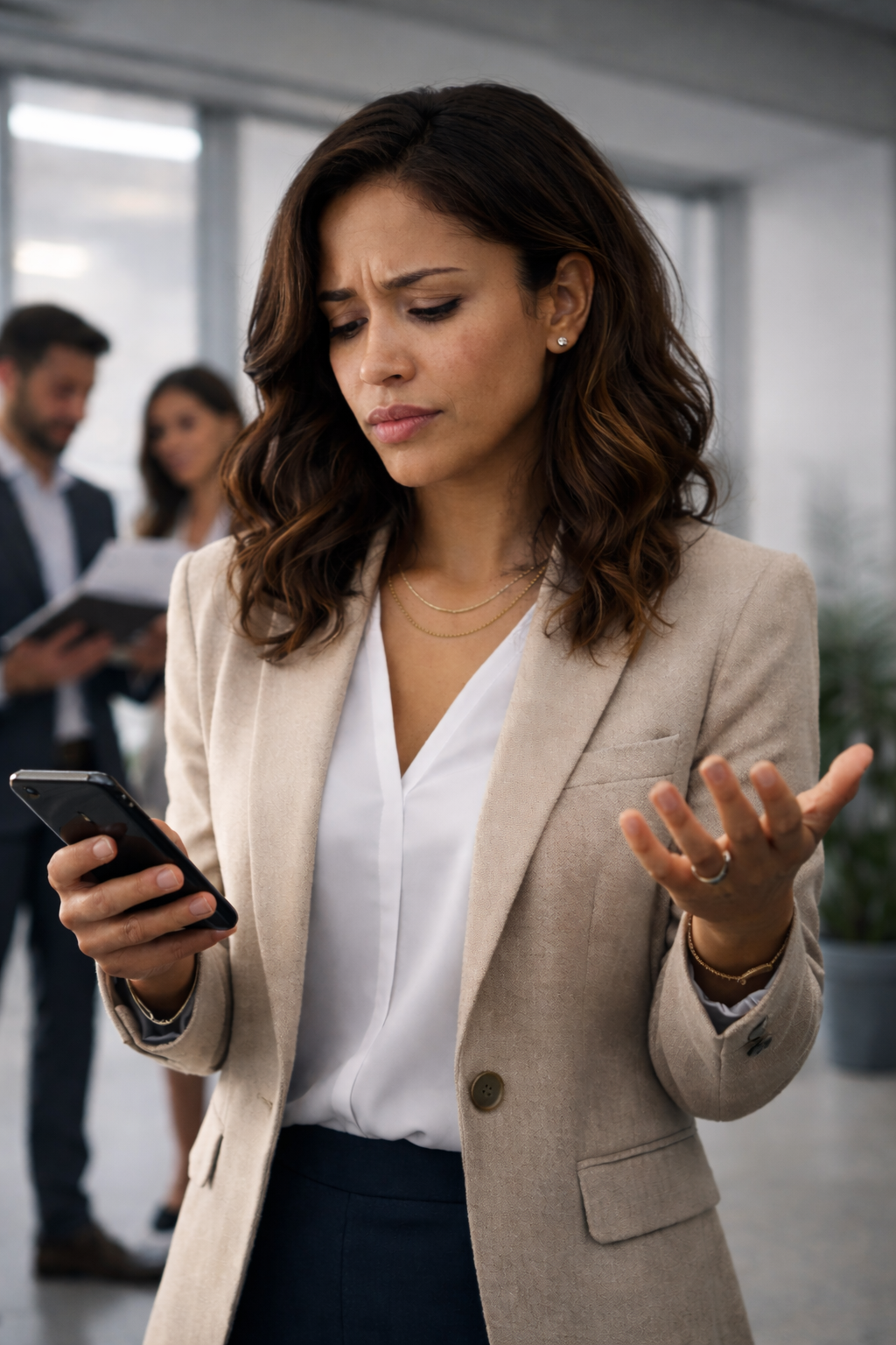 A woman with shoulder-length wavy brown hair and a beige blazer looking at her smartphone with a confused expression. Two people in business attire are blurred in the background, discussing documents.