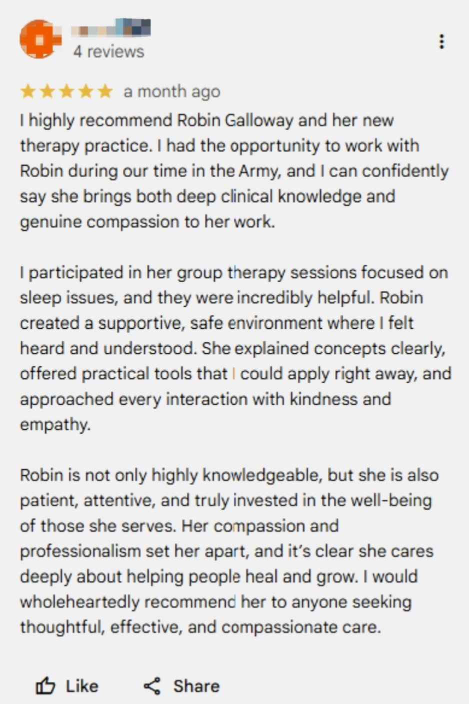 Screenshot of a positive customer review for Robin Galloway, praising her therapy practice, knowledge, compassion, and professionalism.