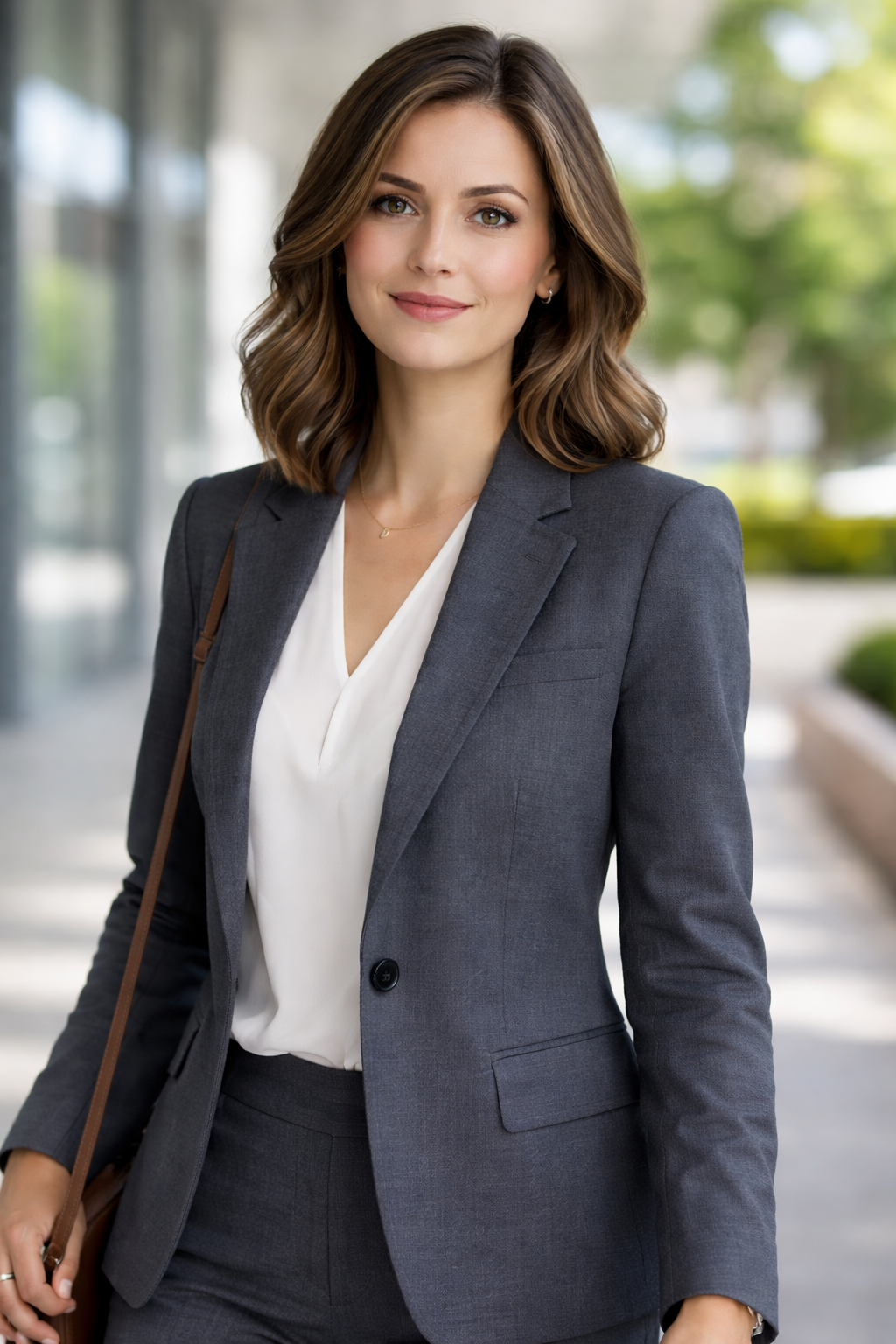 A confident young woman with medium length brown hair, wearing a dark gray business suit with a white blouse, standing outdoors with blurred greenery in the background.