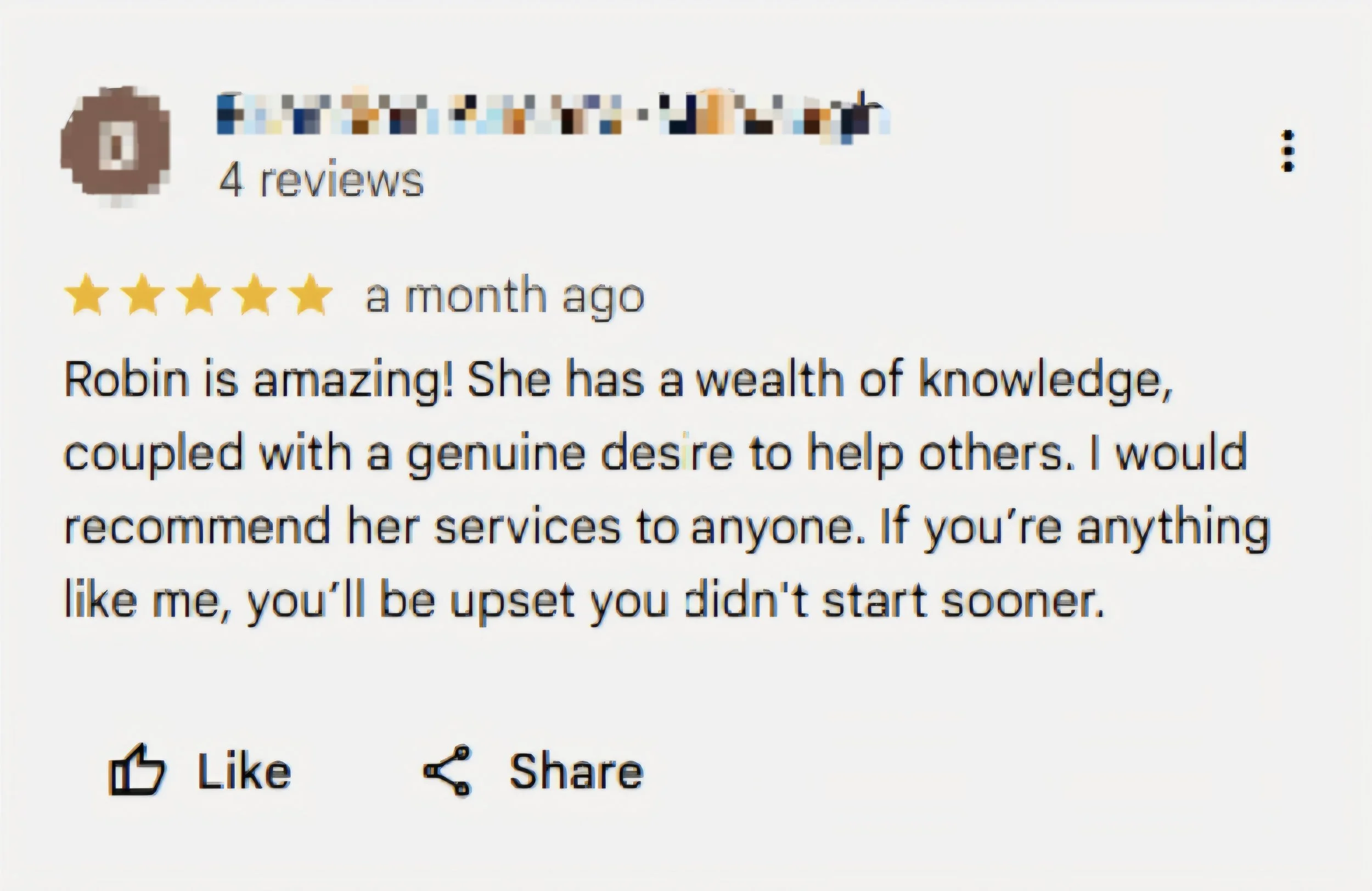 Screenshot of a five-star review for Robin, praising her knowledge and helpfulness, recommending her services to others, shared on an online platform.