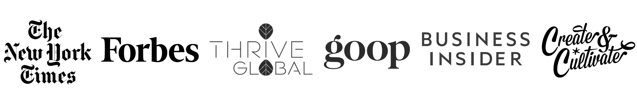 Logos of client feature websites including The NY TImes, Forbes, Thrive Global, Goop, Business Insider, Create & Cultivate