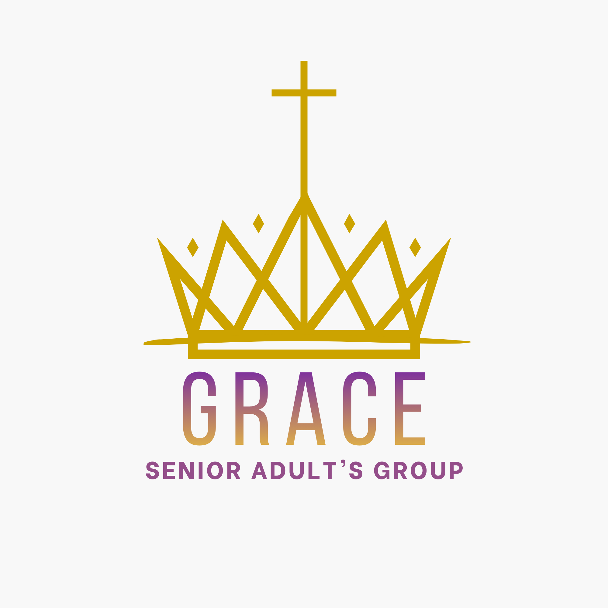 Graphic design with a golden crown and a cross at the top, and text for an organization called Grace Senior Adult's Group.