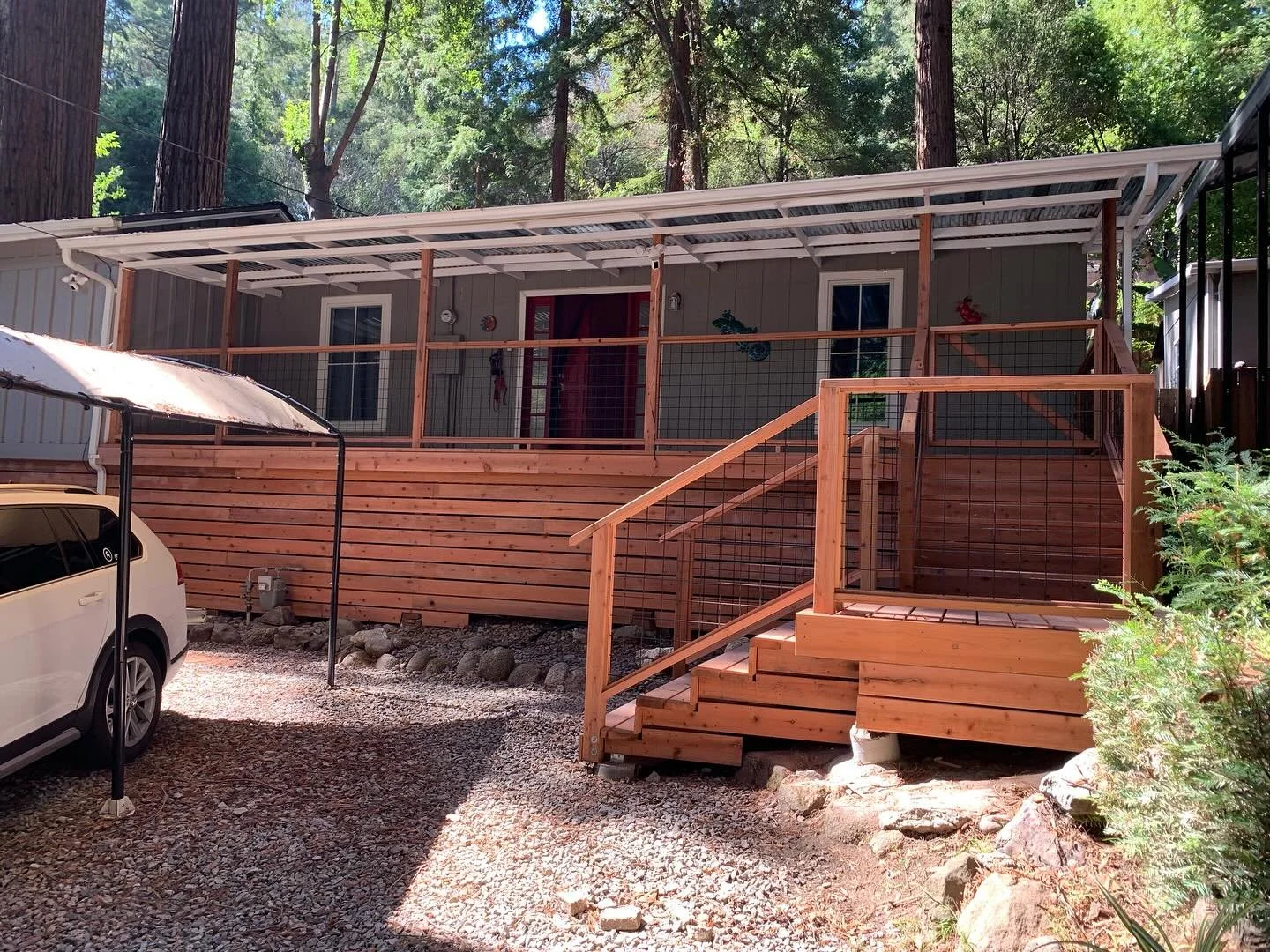 Recently finished this custom redwood porch, stairs, and railing with hogwire panels for a client in Felton. What an upgrade! #redwood #customporch #locallybuilt