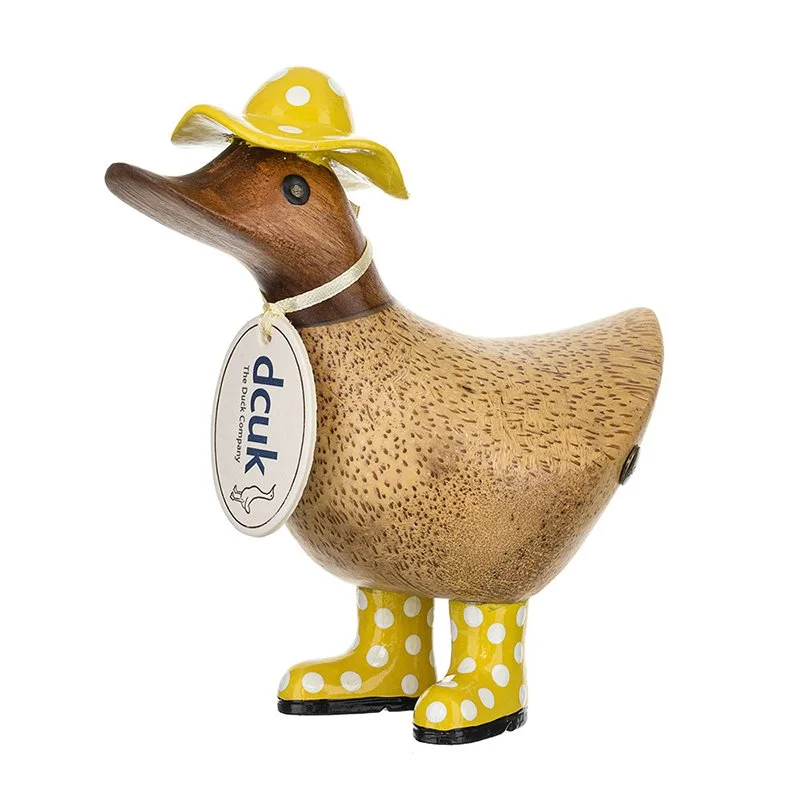Yellow spotty hat and welly boots ducky
