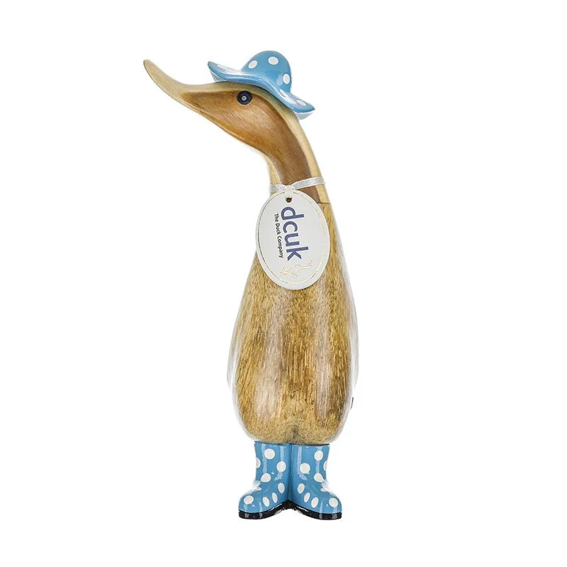 Blue spotty hat and welly boots duck
