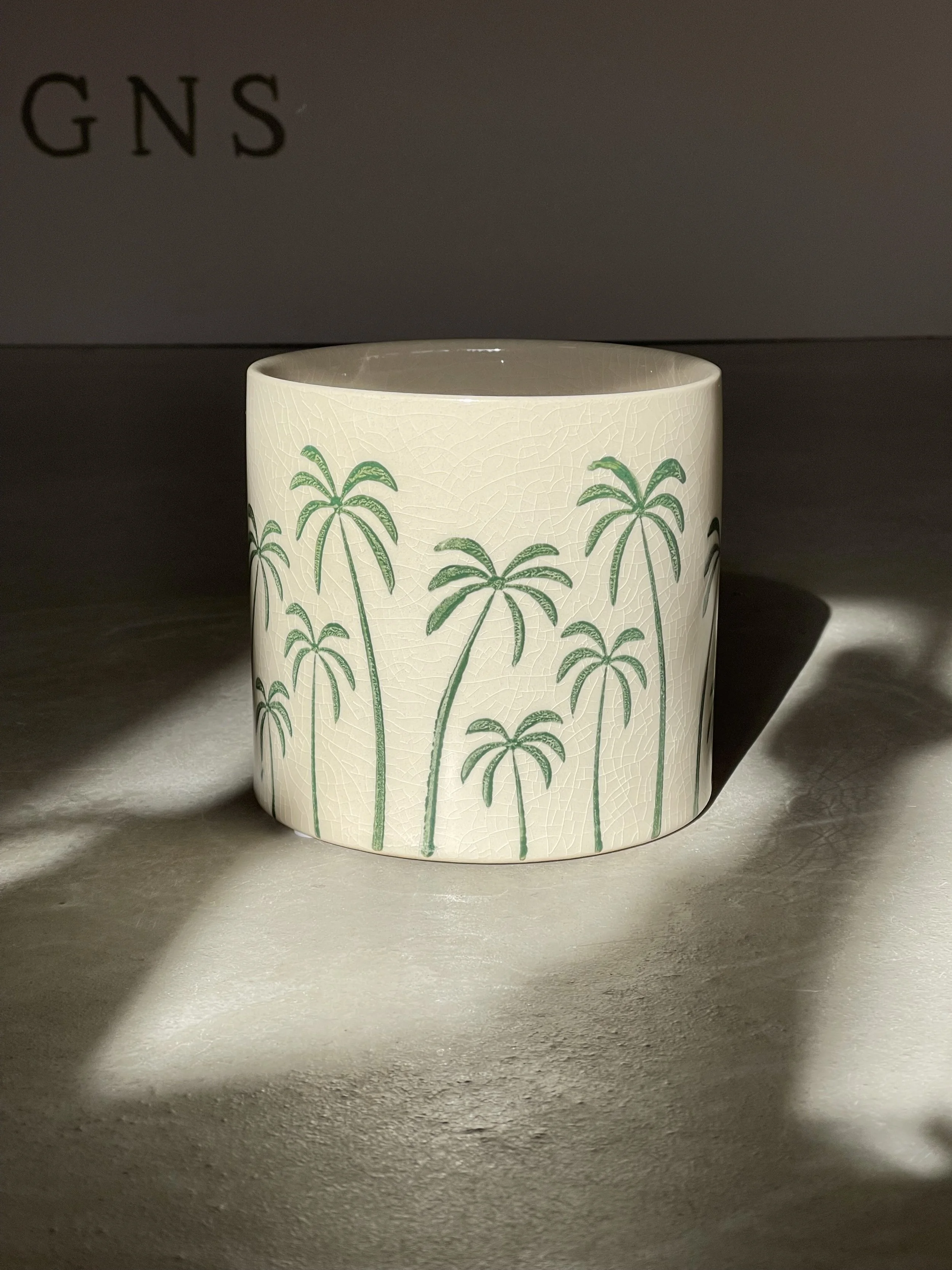 Cream and green palm planter