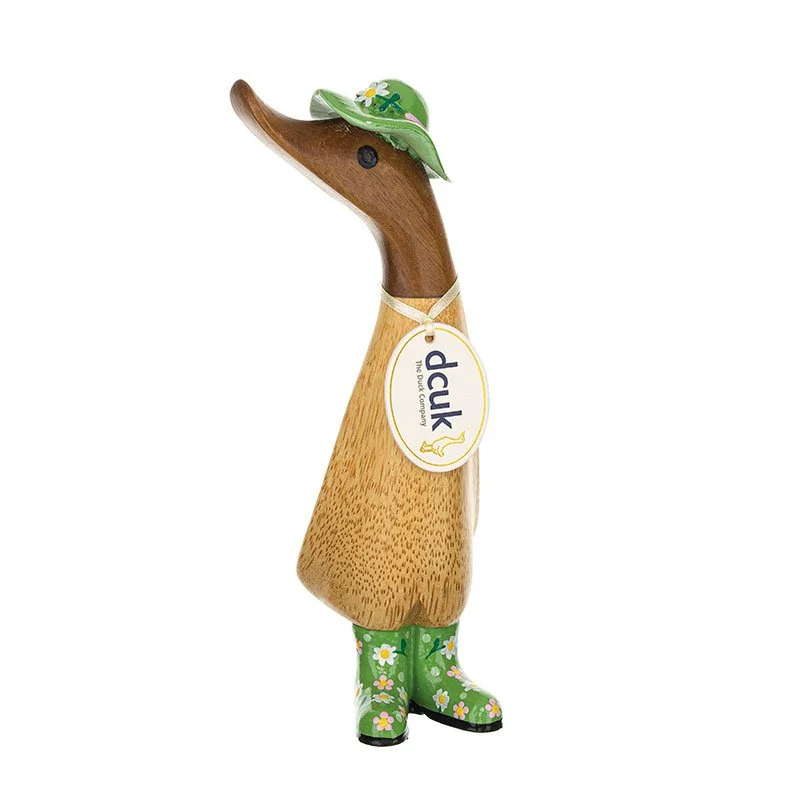 Green floral hat and welly boots duck