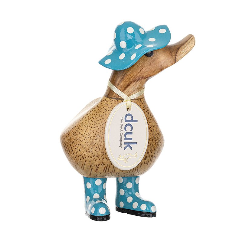 Blue spotty hat and welly boots ducky