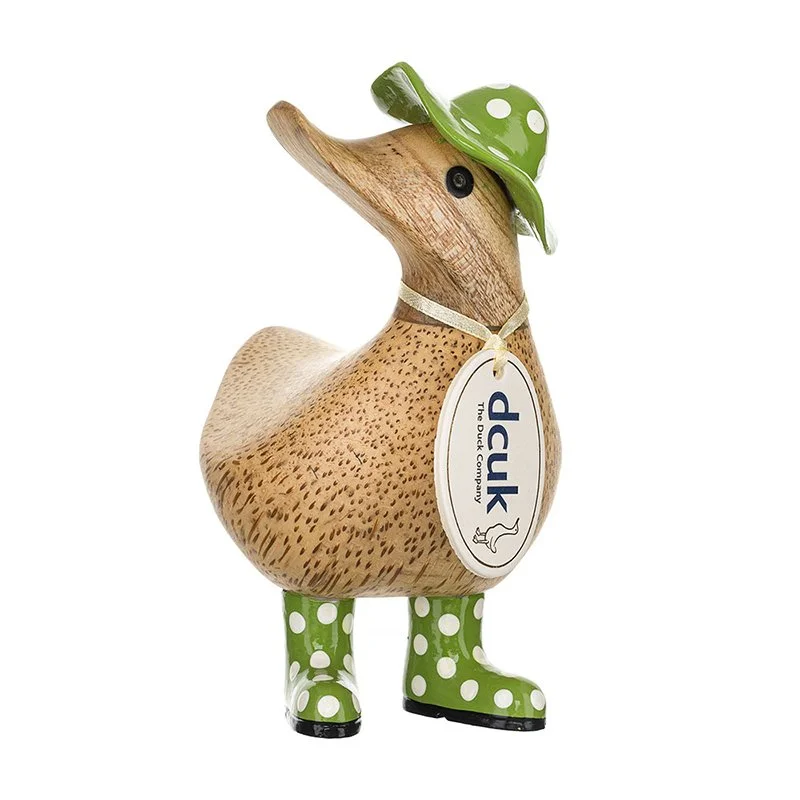 Green spotty hat and welly boots ducky