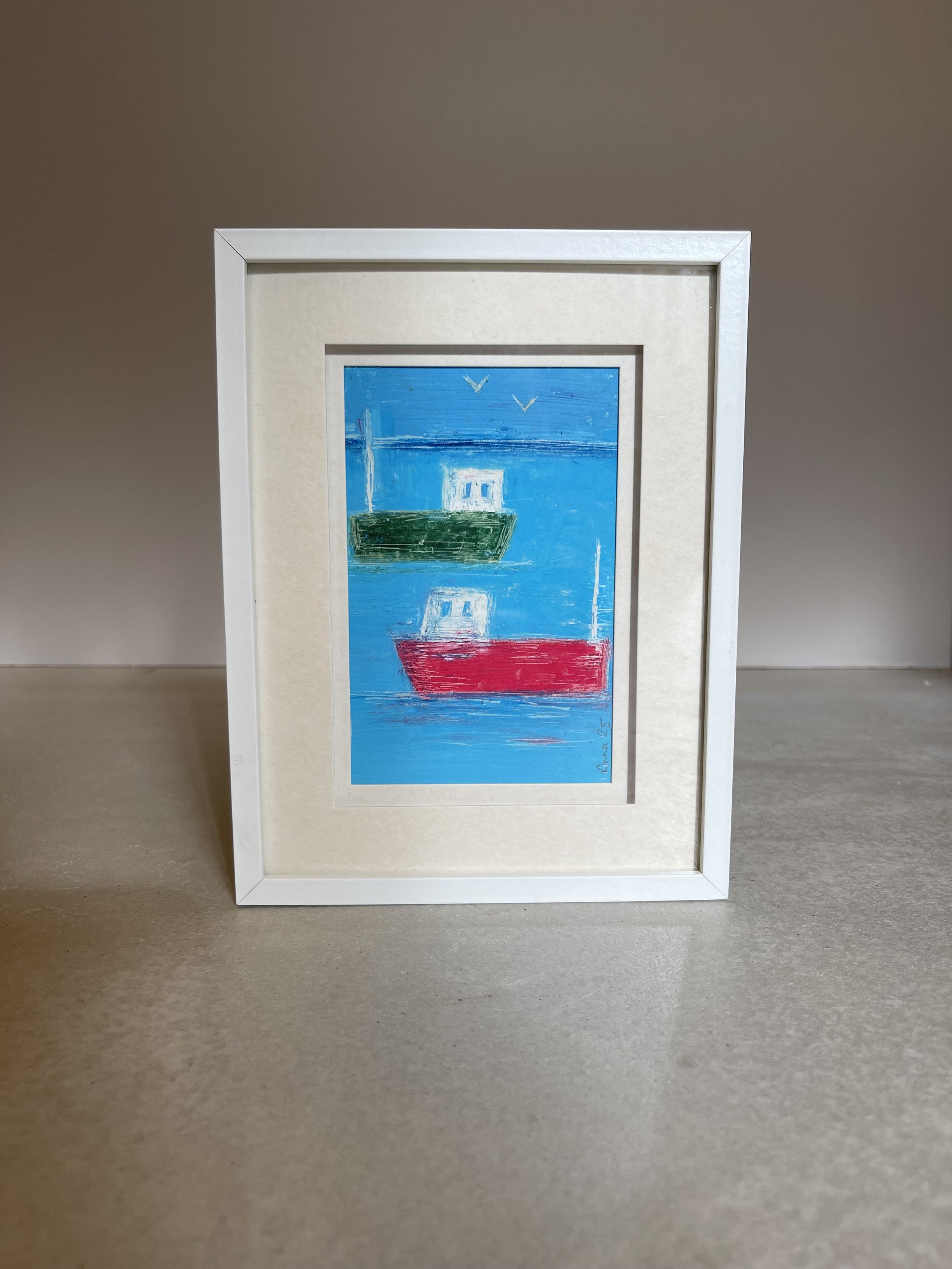 Pair of Looe boats framed acrylic painting