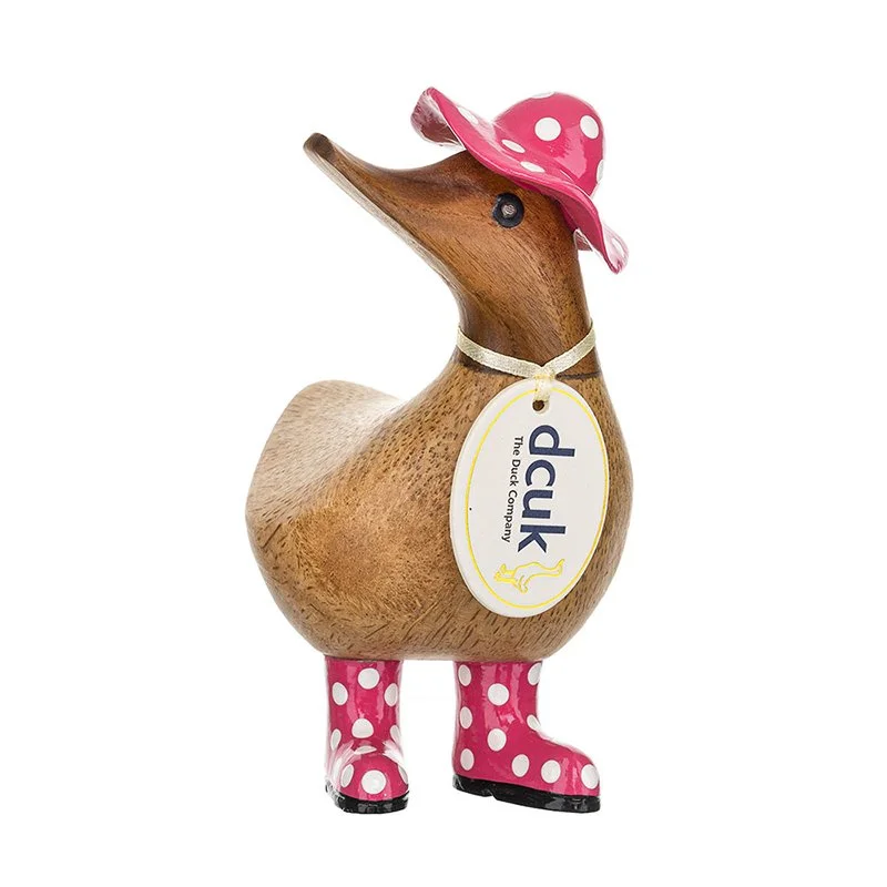 Pink spotty hat and welly boots ducky