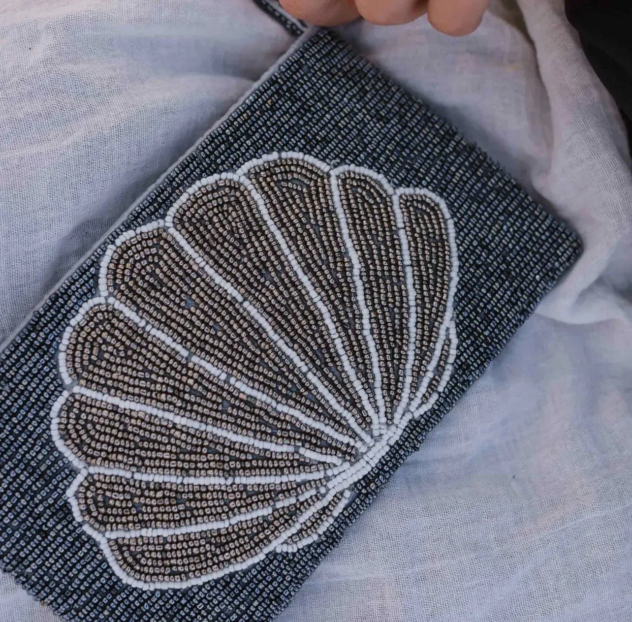 Large metallic tropical beaded pouch