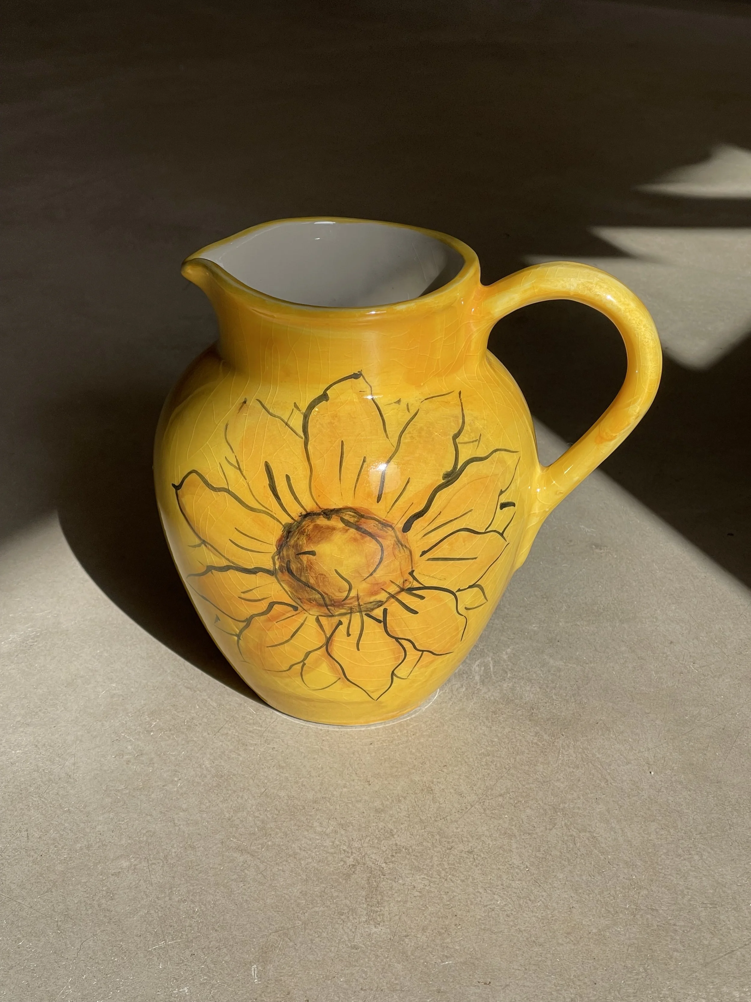 Large yellow ceramic sunflower jug/ vase - Spanish pottery handmade and handpainted in Almeria, Spain by Verano Ceramics. Available in Ruby's Designs giftshop in Looe, Cornwall.