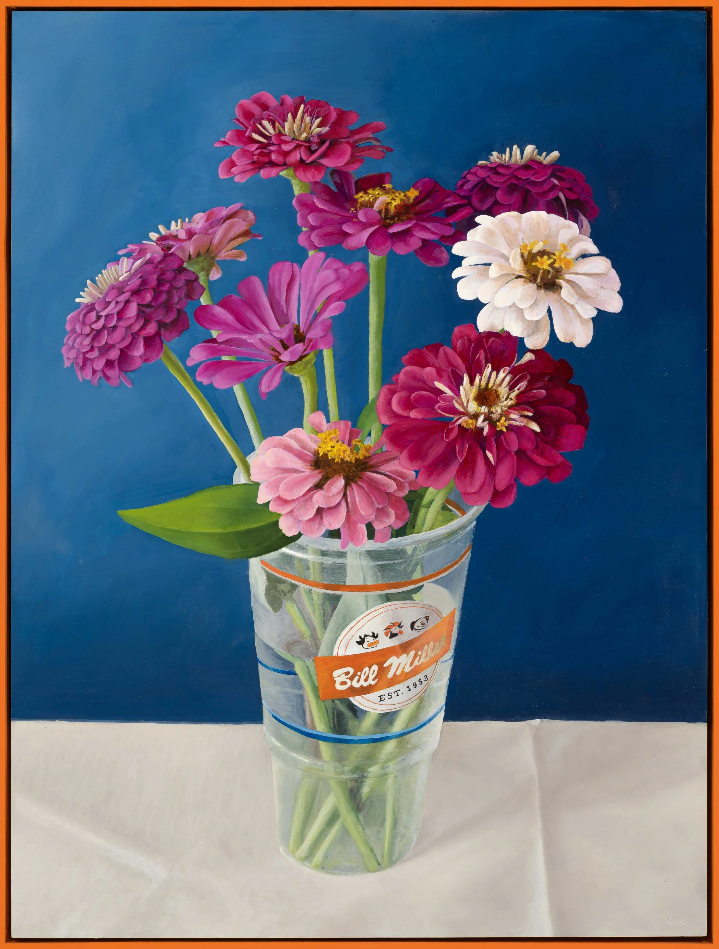 Bill Miller cup with Zinnia flowers on blue background