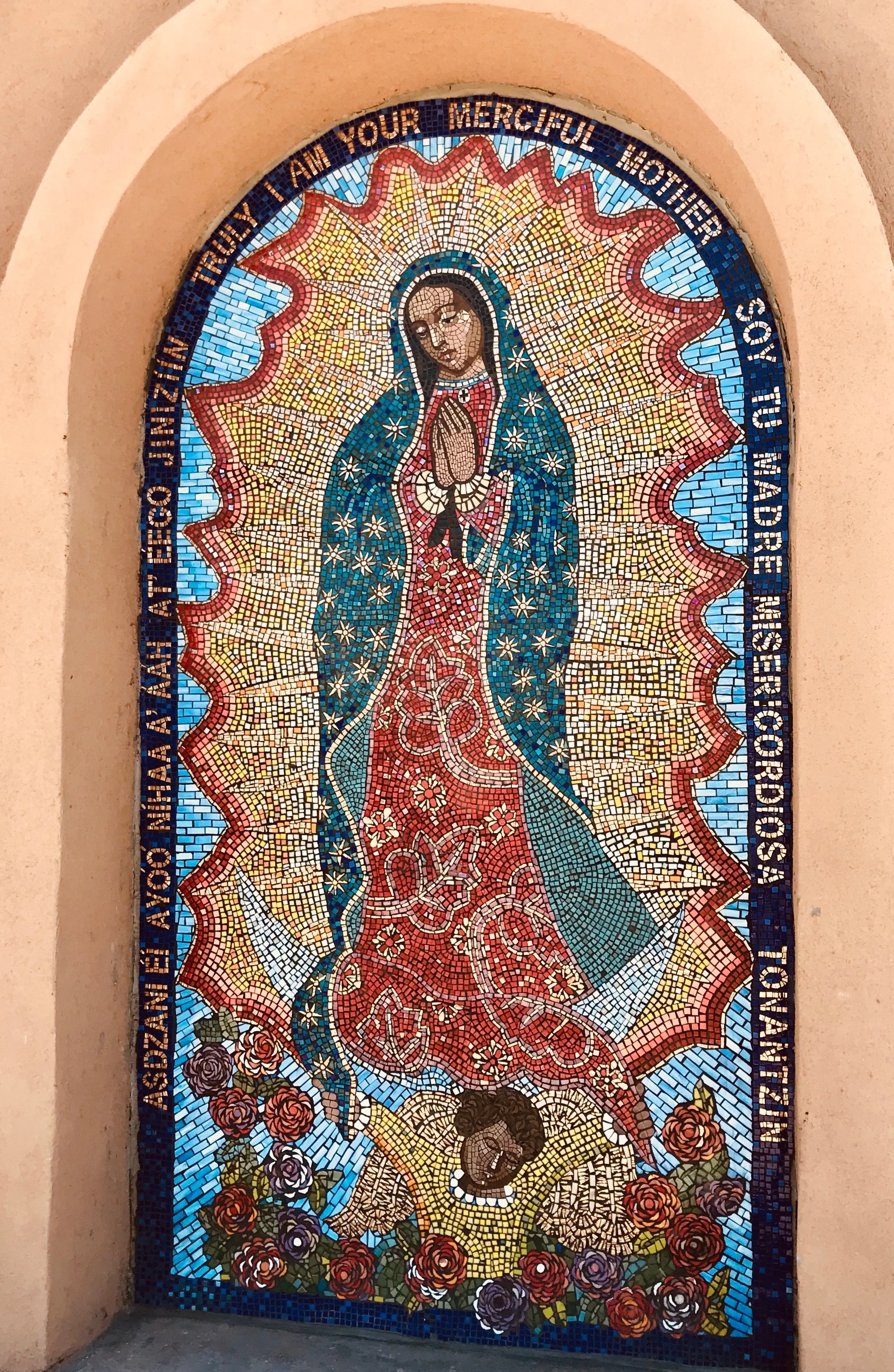 6 × 10 ft exterior devotional mosaic completed through community workshops in Friary of San Juan Diego, Albuquerque, NM