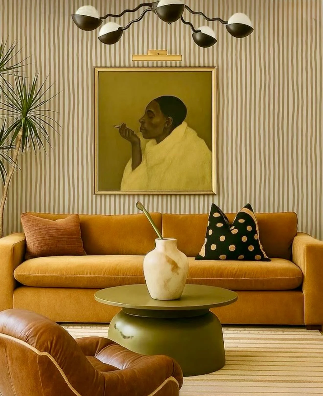 Some colors are more than beautiful &ndash; they tell a story. The ochre sofa beckons you on an inner journey. Warm shades of yellow, terracotta, and brown immediately cozy up the room. 
With elements like velvet, wool, and natural wood, the space be