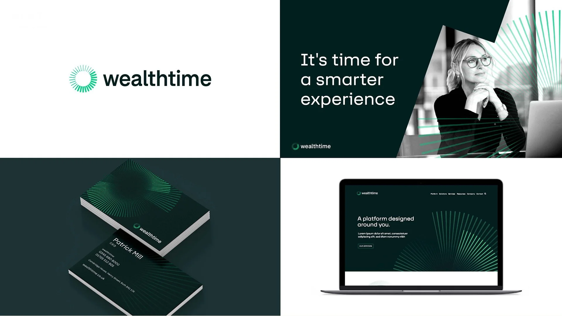 Visual identity system for private wealth platform featuring radial graphic and modern typography