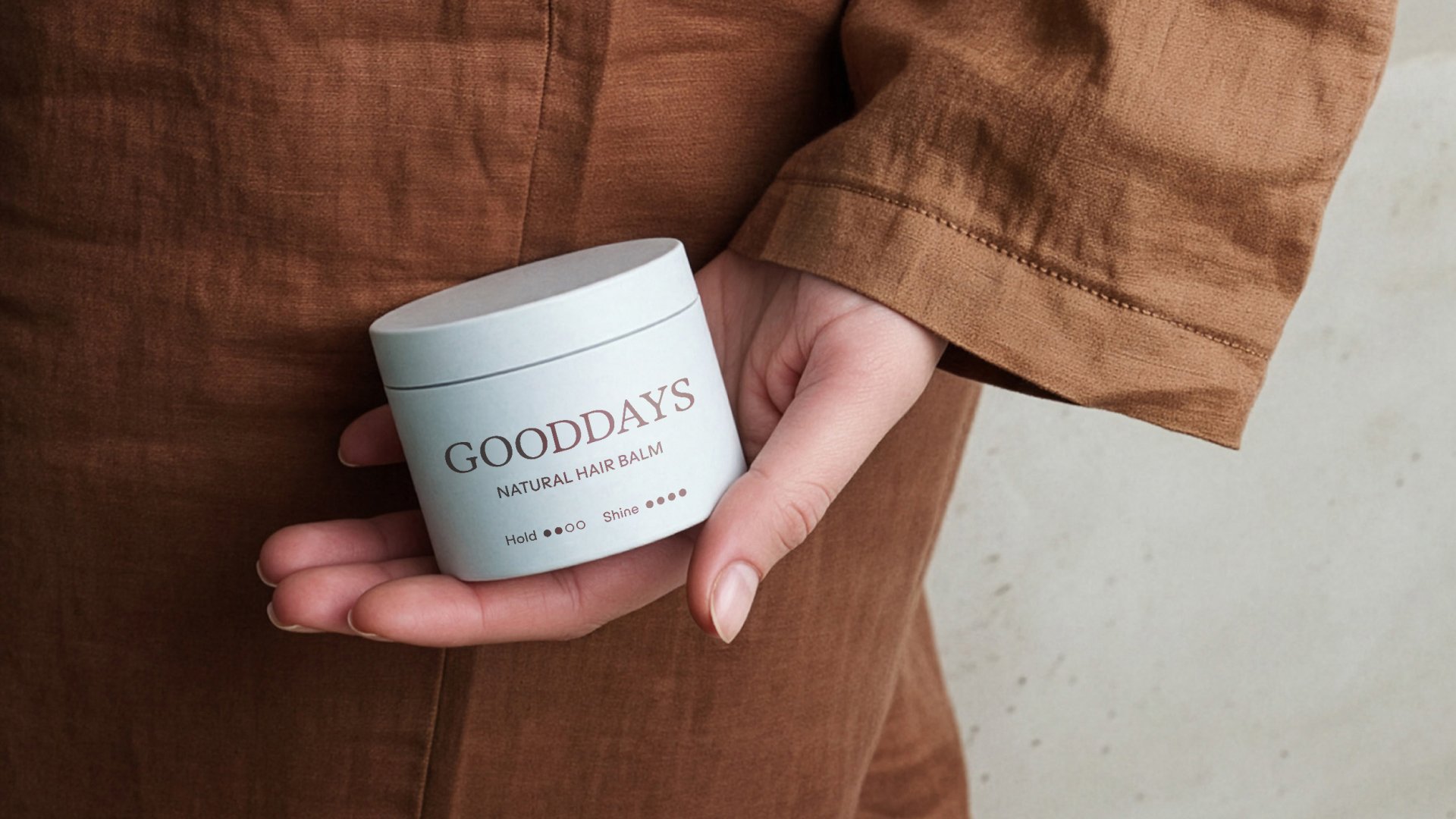 Gooddays natural hair balm packaging design and brand identity in use