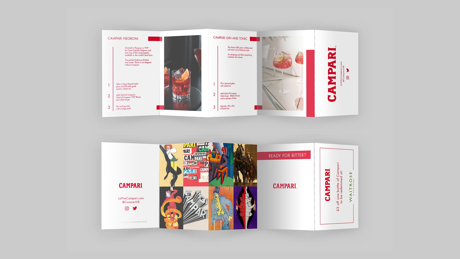 Folded menu design for premium drinks brand campaign featuring cocktail photography and structured layout