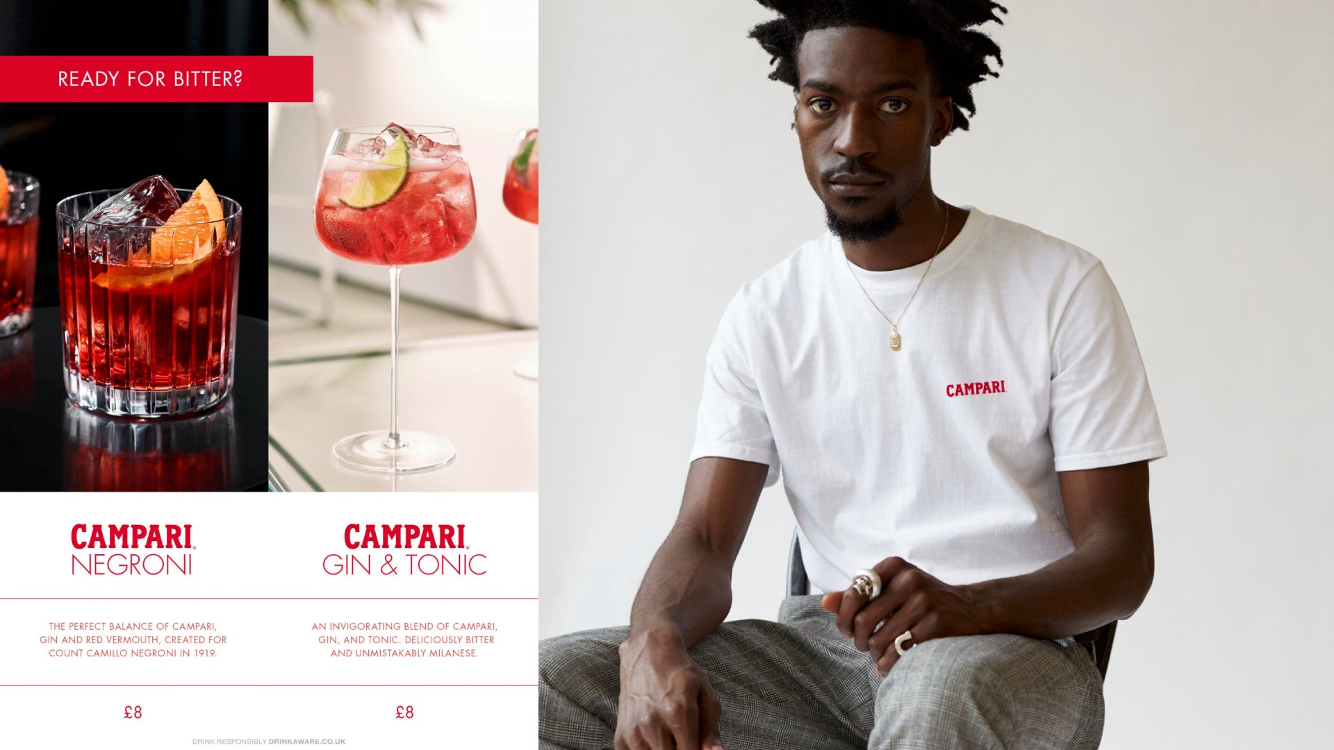 Campaign photography for premium drinks brand showing cocktails and lifestyle portrait imagery