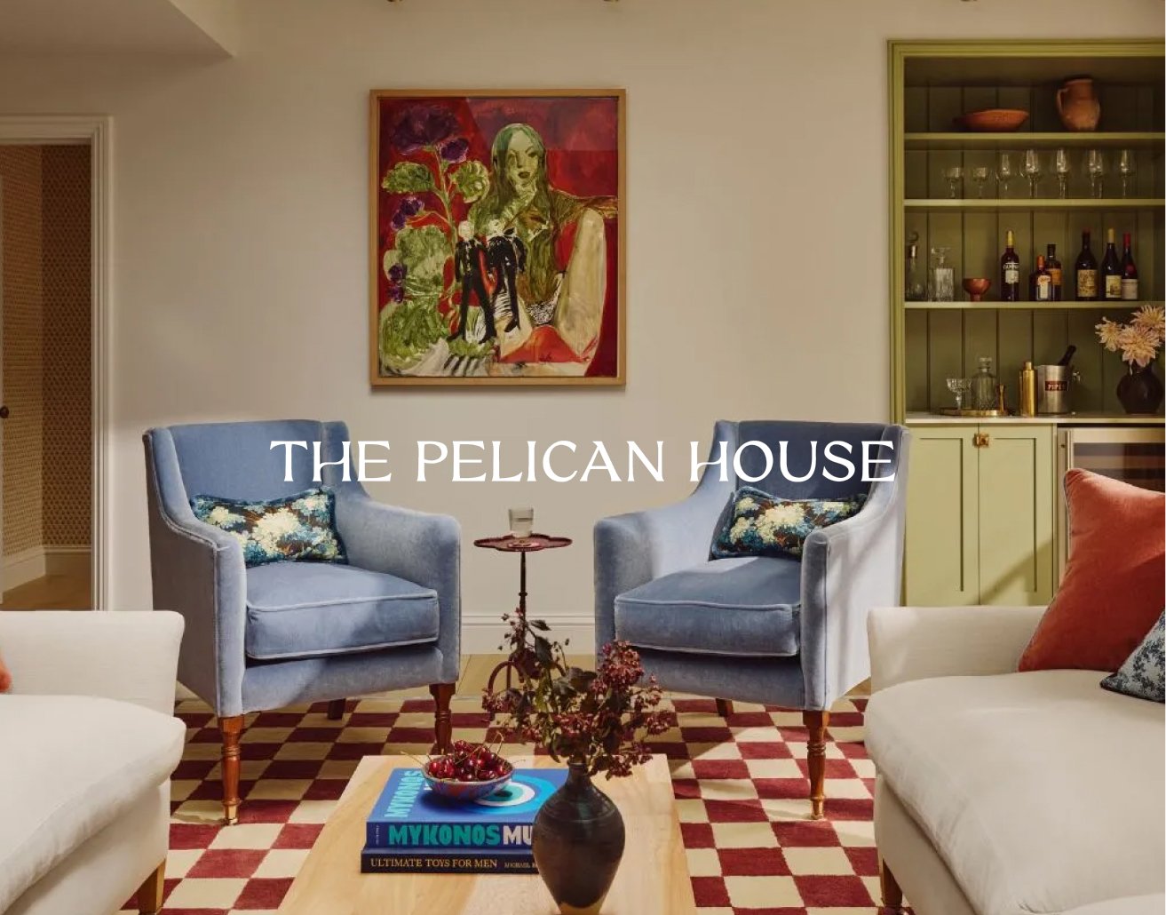 Interiors and lifestyle brand identity for The Pelican House featuring colour, typography and styled living space