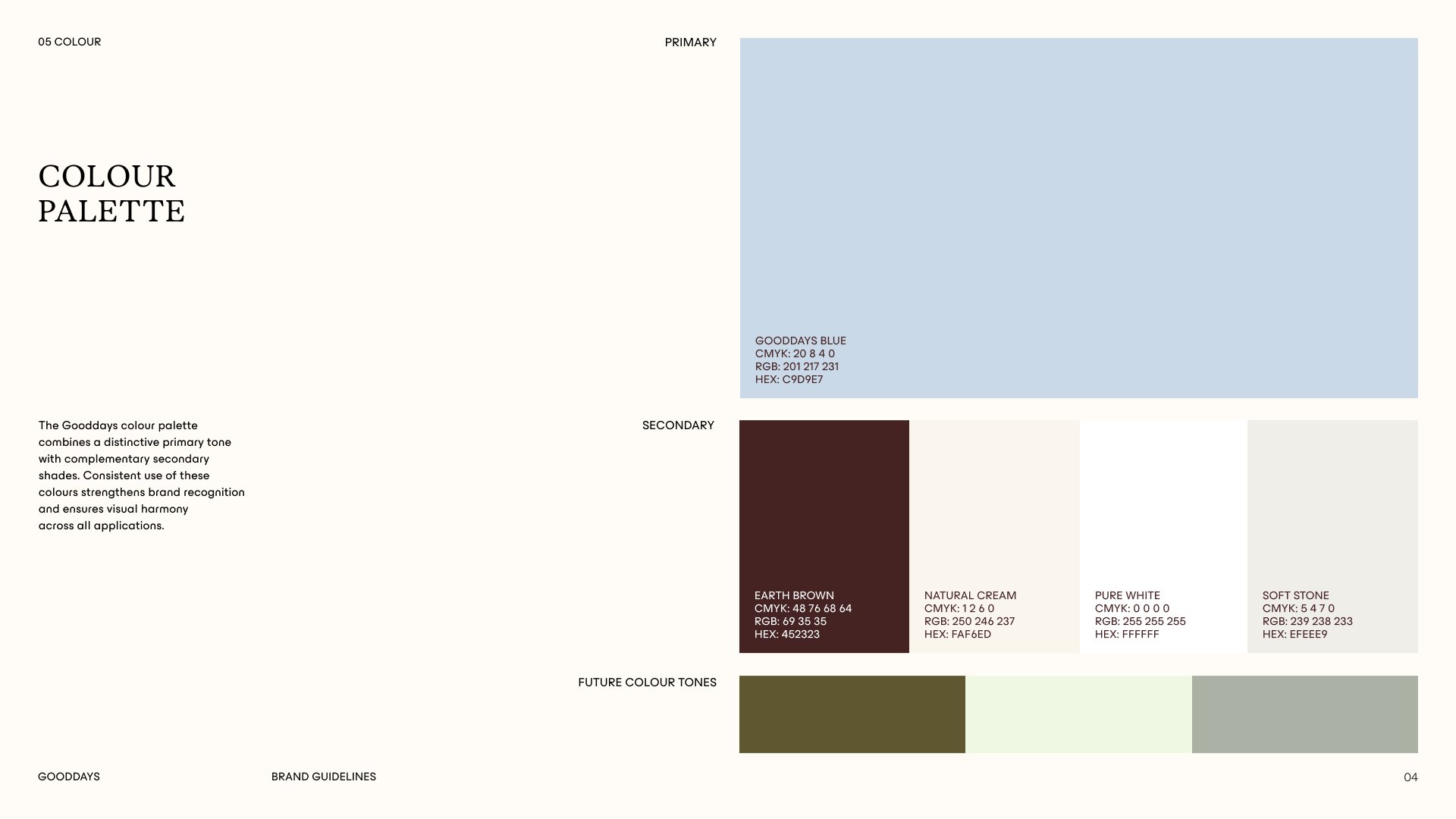 Colour palette and brand identity system for Gooddays haircare brand