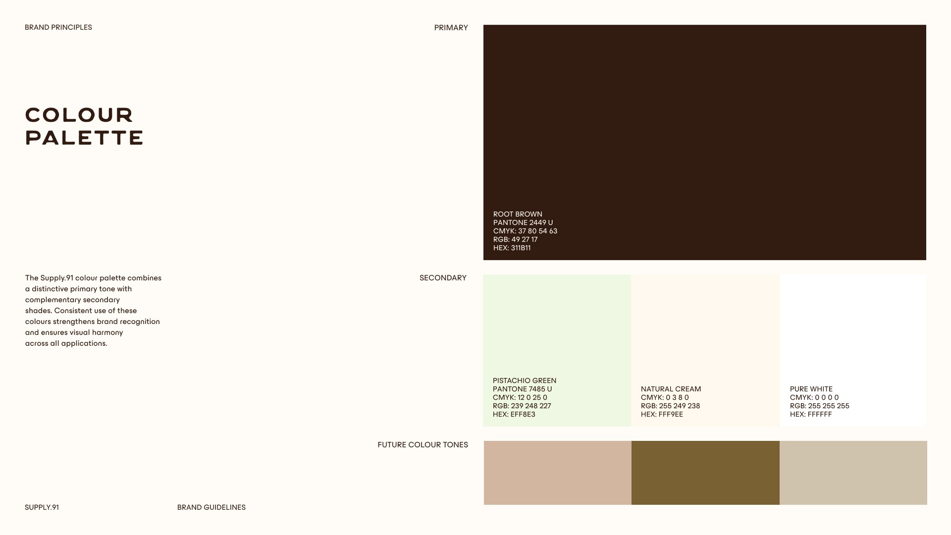 Colour palette and brand identity system for Supply 91