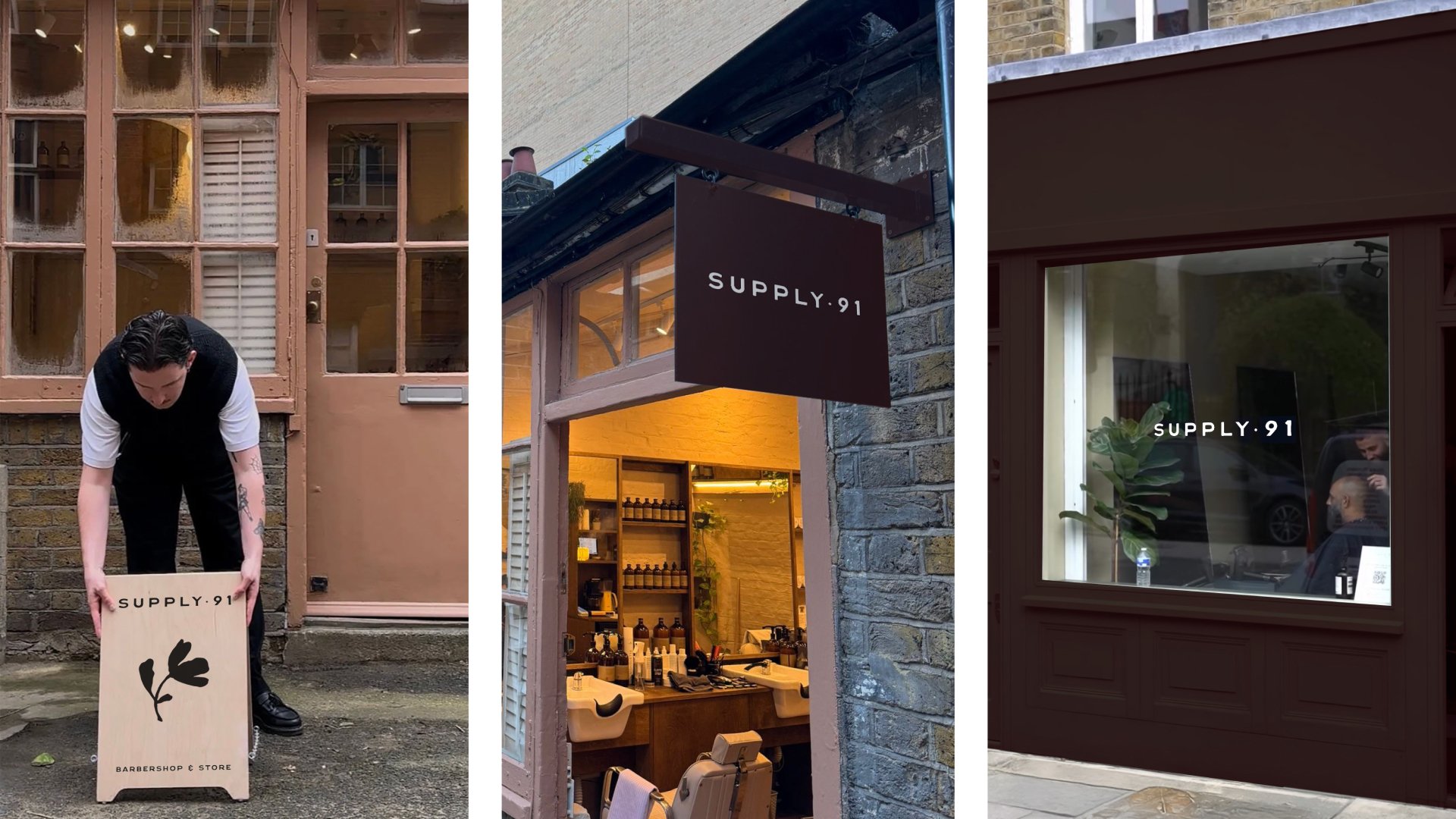 Exterior signage and branding for Supply 91 barbershop