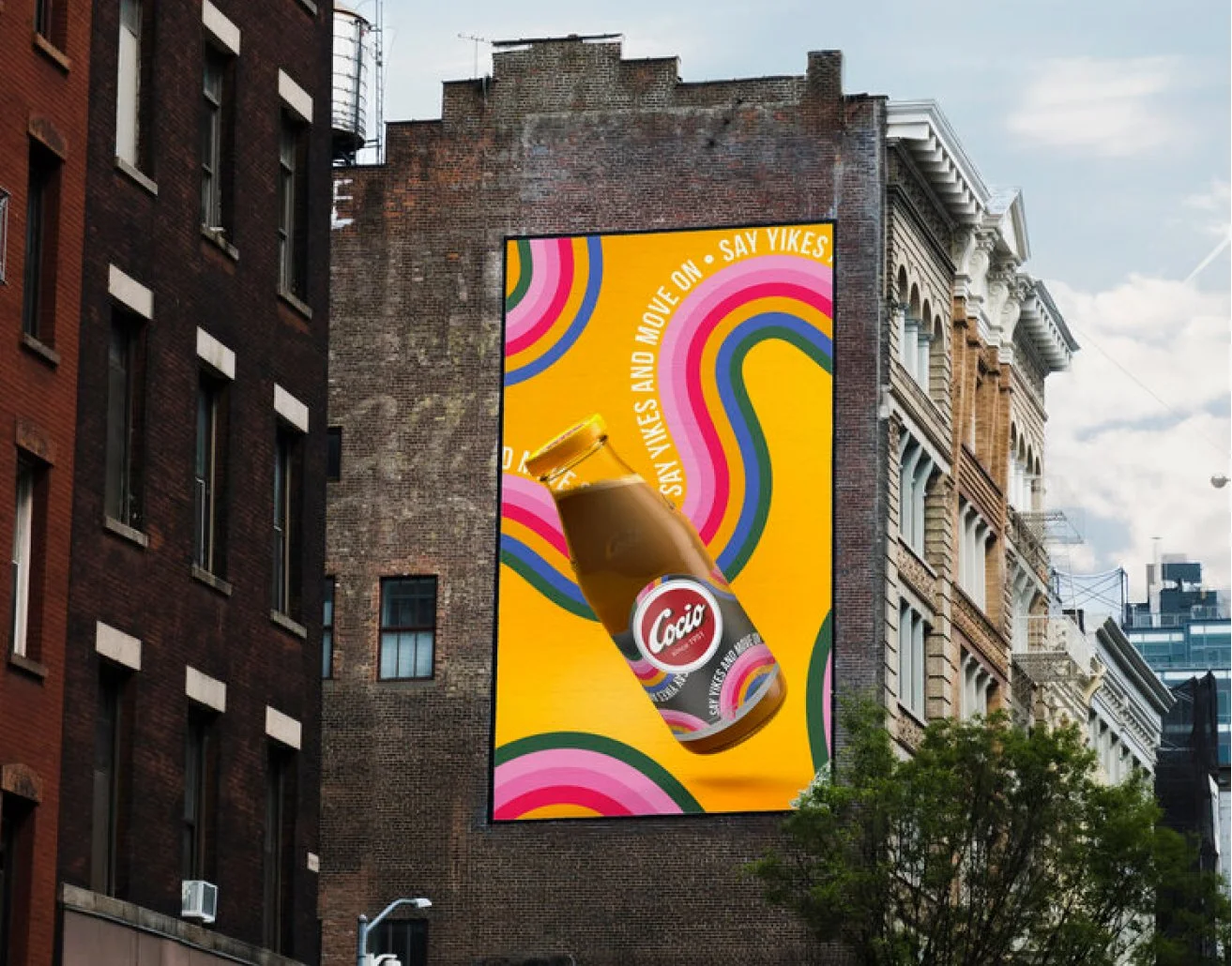 Drinks campaign design for Cocio featuring bold advertising, outdoor media and brand activation visuals