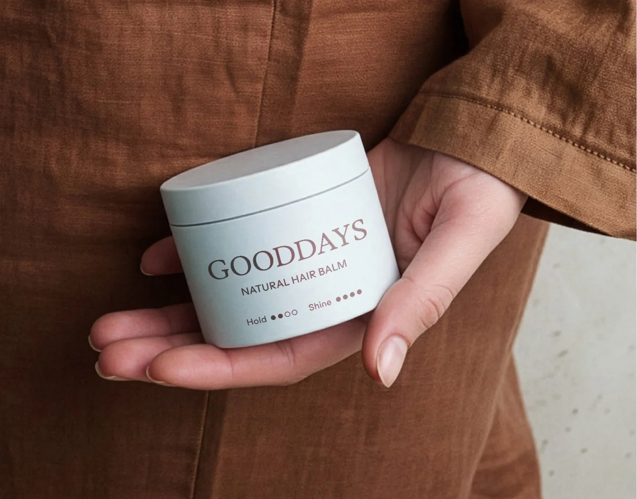 Haircare brand identity design for Gooddays including packaging, typography and natural product branding